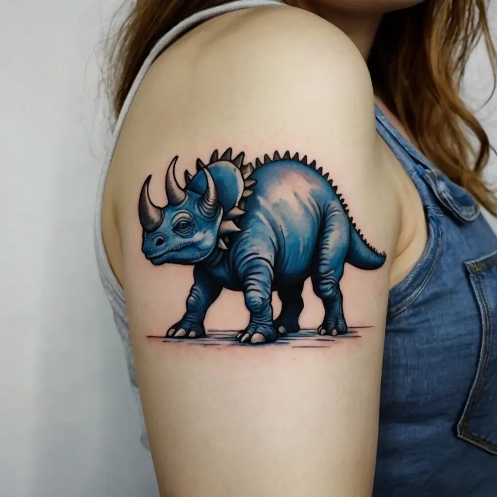 Tattoo of a blue triceratops on the upper arm, with sharp horns and intricate shading for a realistic effect.