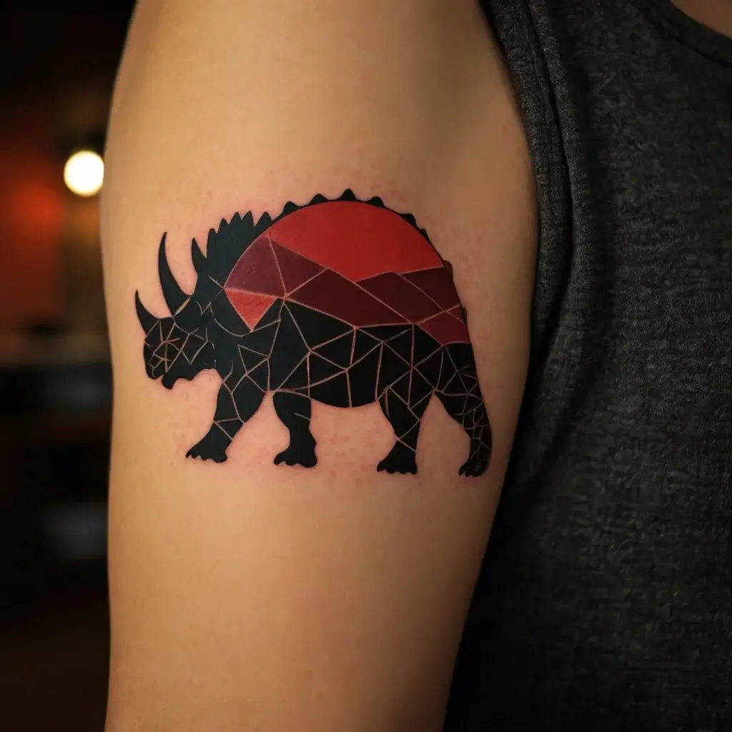 Geometric triceratops tattoo with red polygonal shading, blending a vibrant sunset gradient into the prehistoric design.