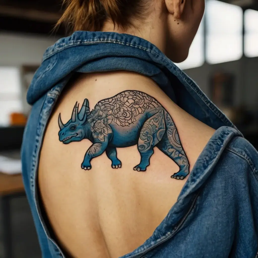 Blue triceratops tattoo with floral and paisley patterns on back, blending natural elements with prehistoric design.