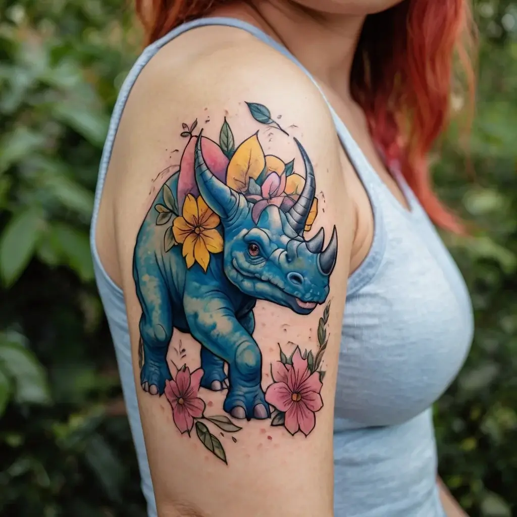 Colorful triceratops tattoo with vibrant flowers on arm, blending bold blues, pinks, and yellows for a lively design.