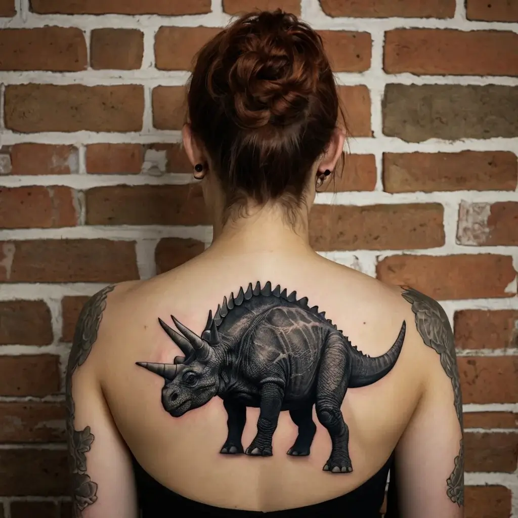 Tattoo of a realistic triceratops on the upper back, featuring intricate shading and fine details enhancing its lifelike appearance.