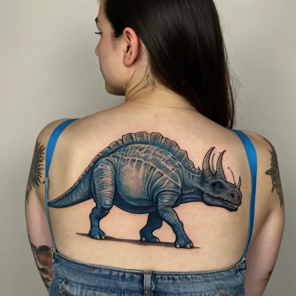 Tattoo of a blue dinosaur with bold shading and intricate details spans across the entire back, showcasing its texture and form.