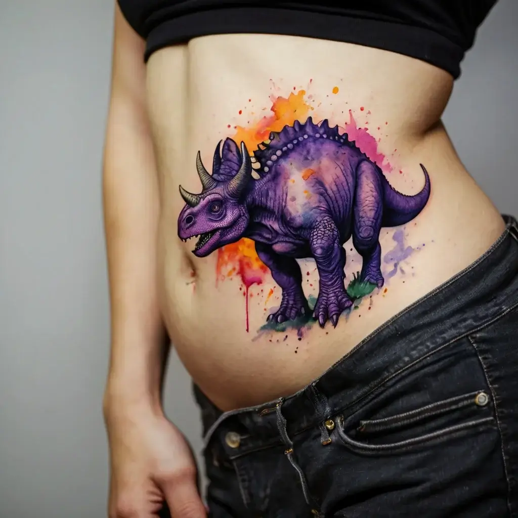 Vibrant tattoo of a purple triceratops with splashy orange and pink watercolor background on the side of the torso.