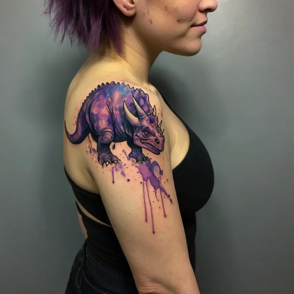 A vibrant triceratops with purple watercolor splashes, creating a dynamic, artistic effect on the upper arm.