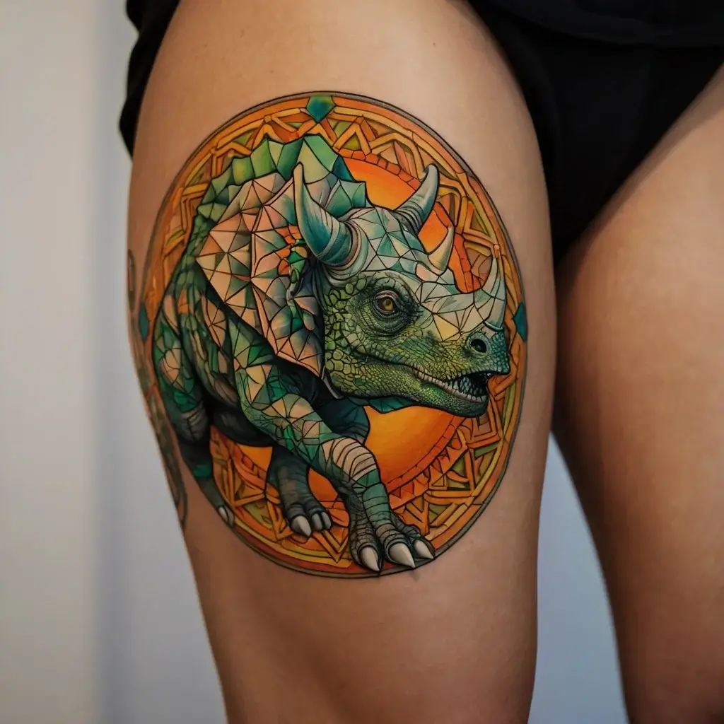 Geometric triceratops tattoo with vivid colors, over an intricate mandala background on the thigh.