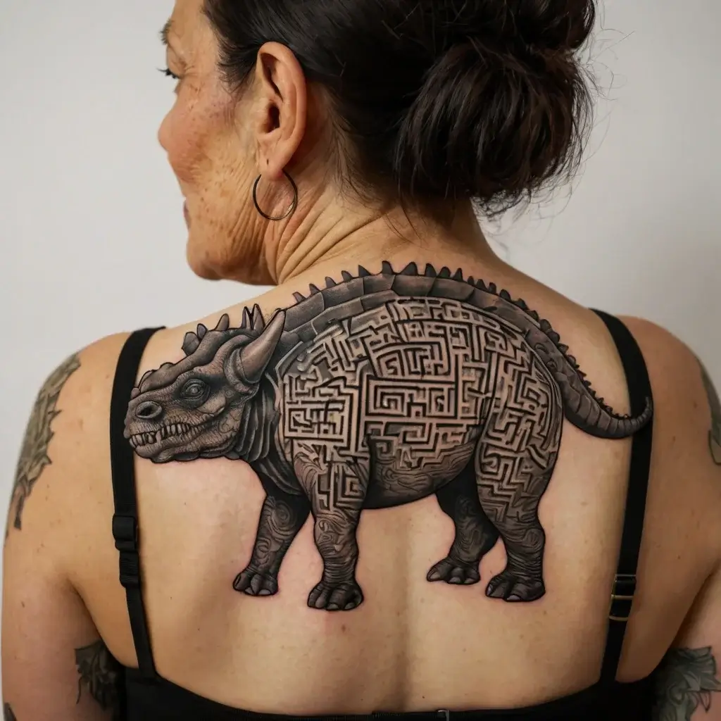 Back tattoo of a triceratops with intricate maze patterns on its body, showcasing 3D depth and detailed shading.