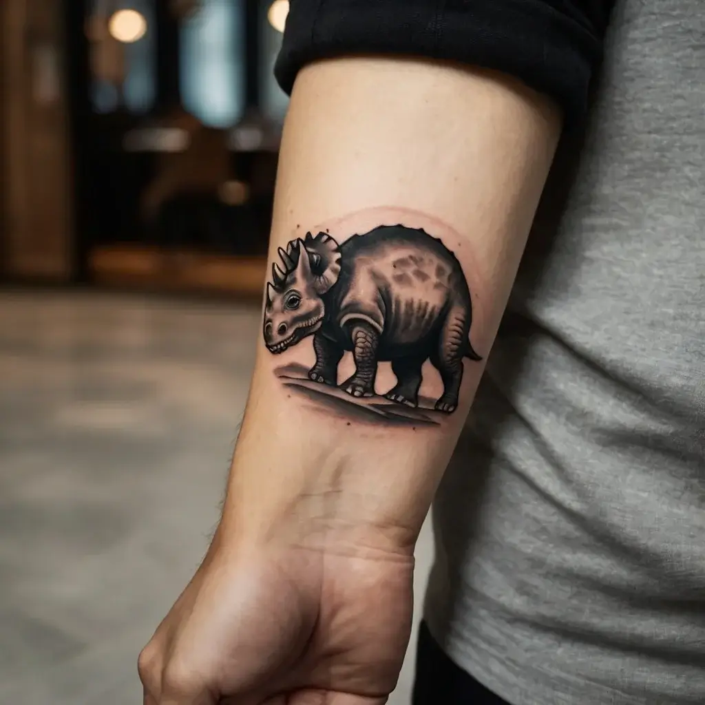 Tattoo of a triceratops on forearm, styled in realistic black and grey shading with subtle texture details.