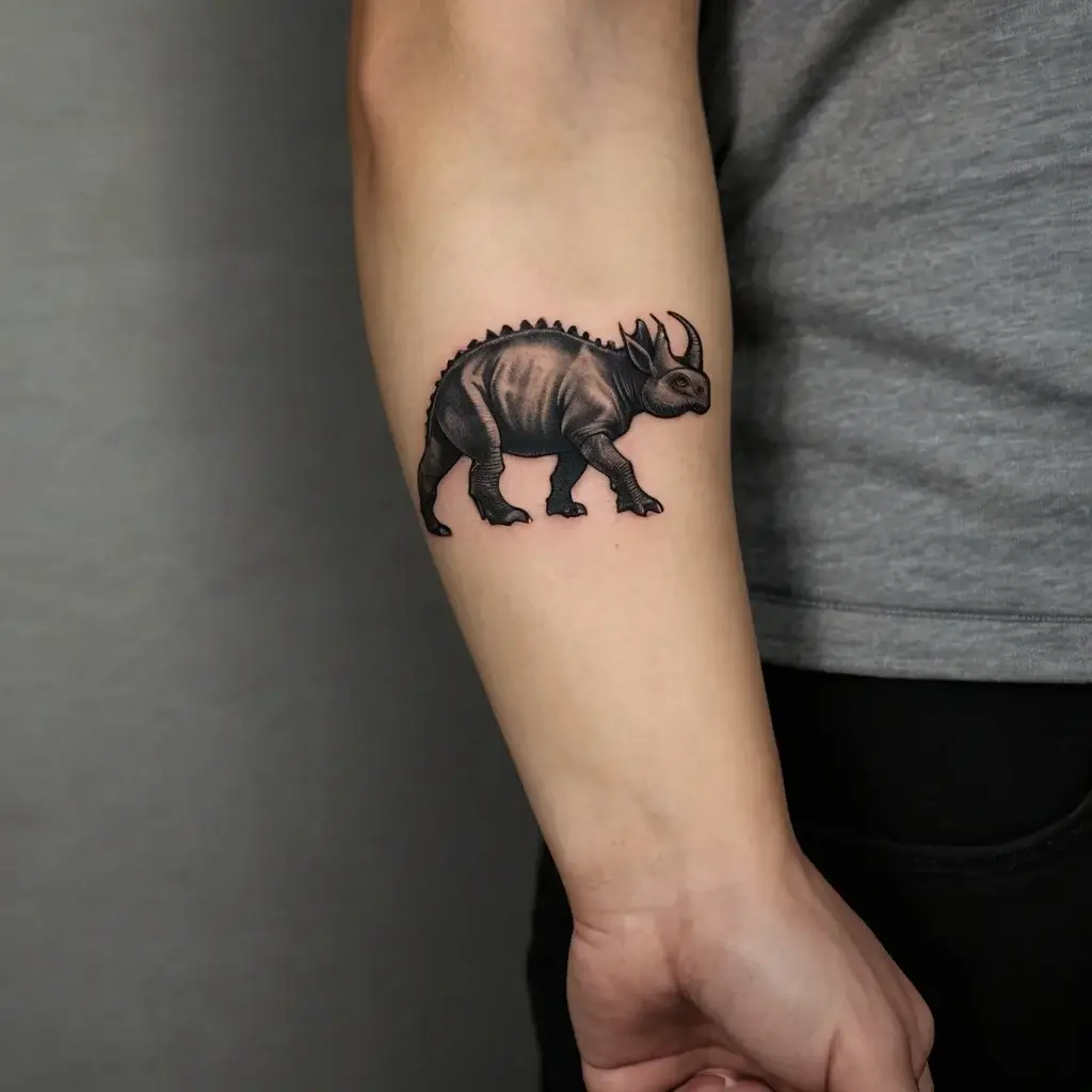 Tattoo of a detailed, small triceratops with shaded realism, positioned on the forearm, conveying a sense of strength.