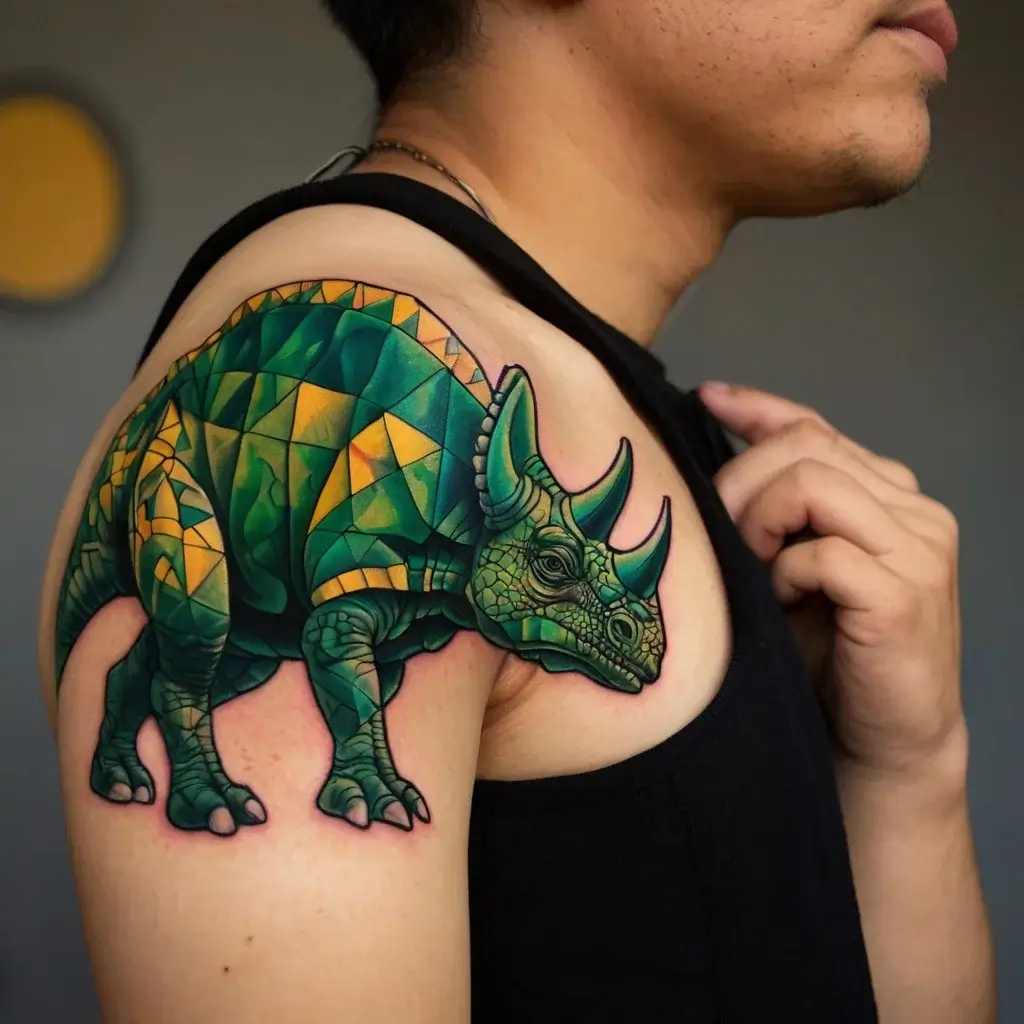 Geometric triceratops tattoo on shoulder, featuring vibrant greens and yellows with intricate triangular patterns.