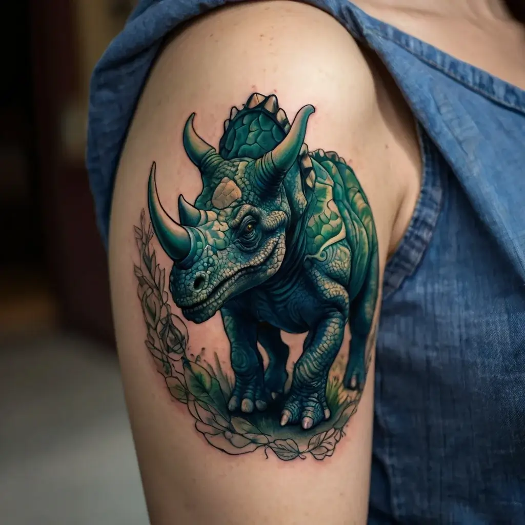 Detailed triceratops tattoo in vibrant green and blue hues with intricate leaf accents, showcasing realism and texture.