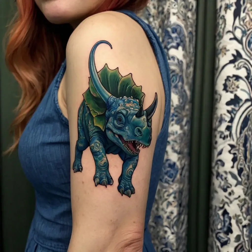 Vibrant triceratops tattoo in blue and green hues with intricate details, showcasing a playful, cartoonish style on the upper arm.