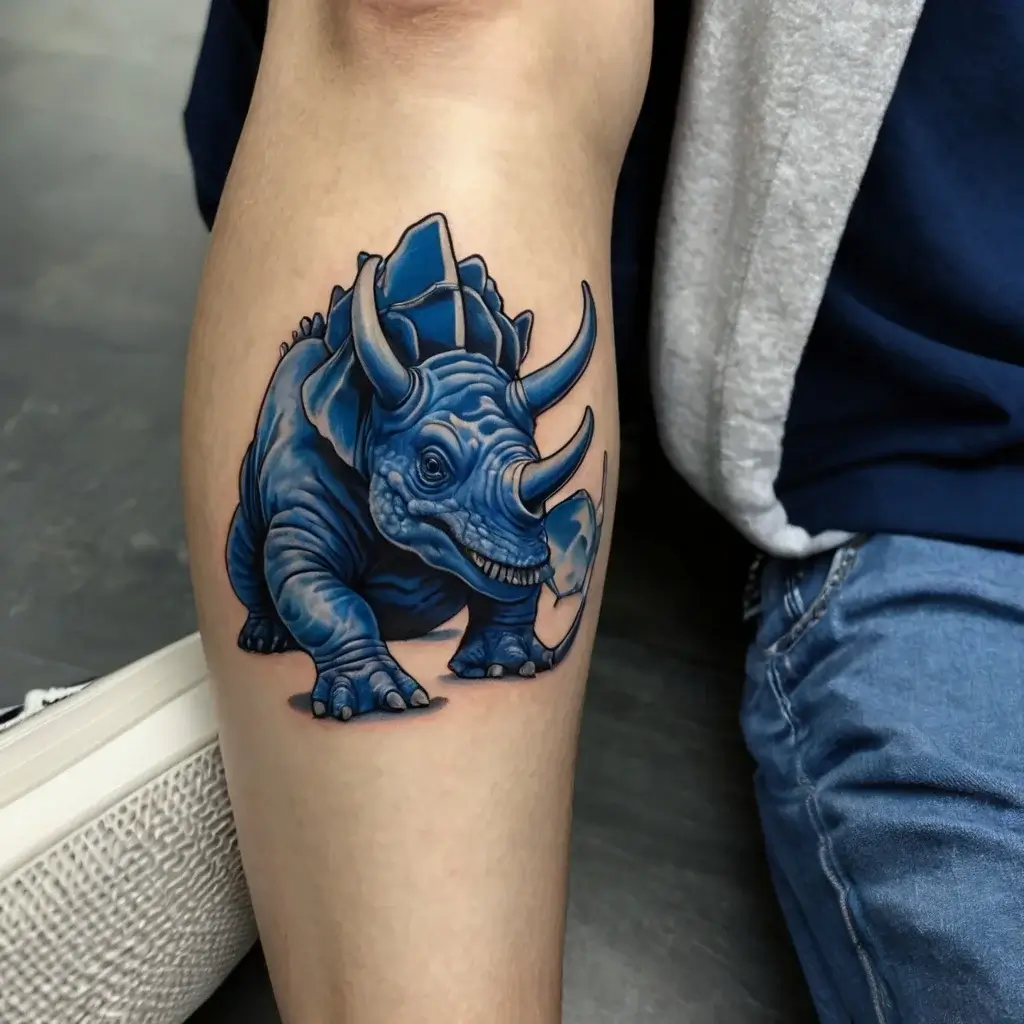 A vibrant blue rhino tattoo with exaggerated features, bold outlines, and intricate shading for a dynamic and fierce look.