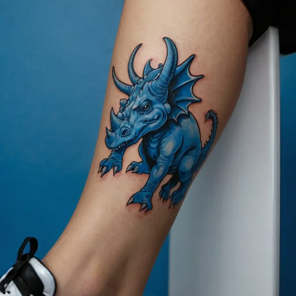 A vibrant blue dragon tattoo with horns and wings, showcasing detailed shading and a playful, cartoon-like style on the calf.