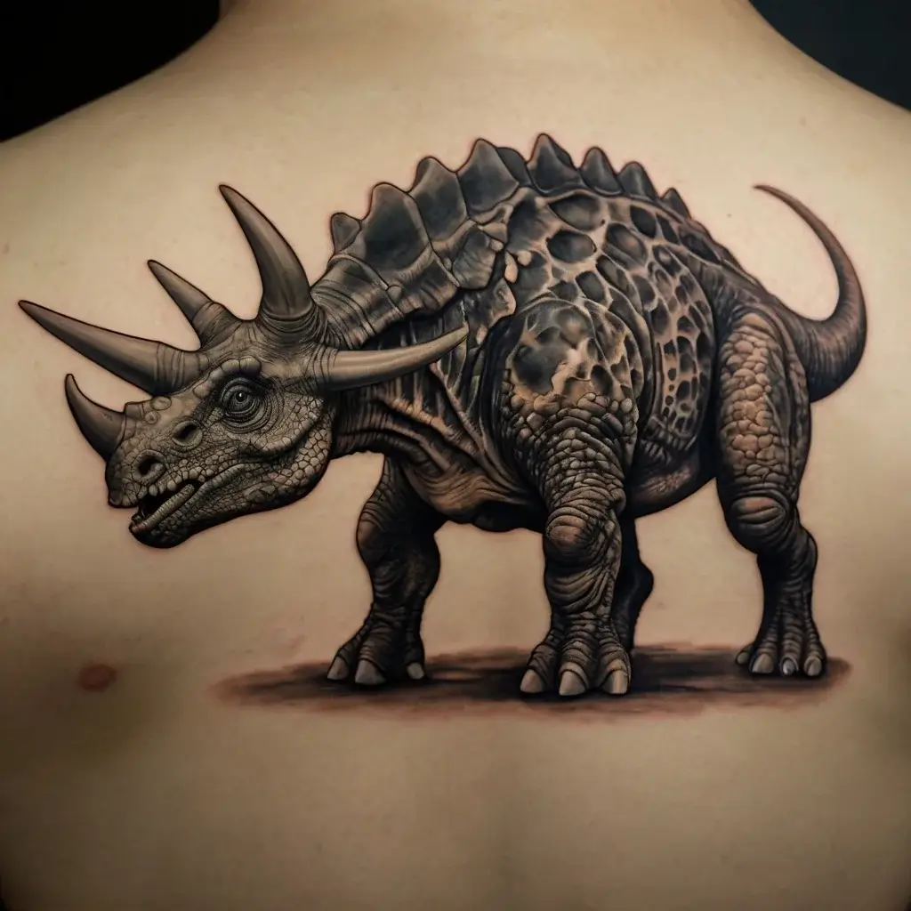 Realistic triceratops tattoo in grayscale on back, showcasing detailed textures and shading for a lifelike dinosaur design.