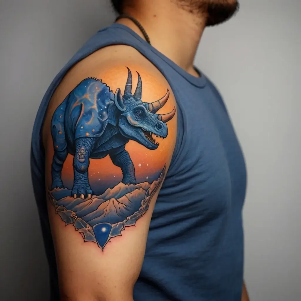 Tattoo of a blue triceratops with cosmic details, set against an orange sky, on the upper arm.