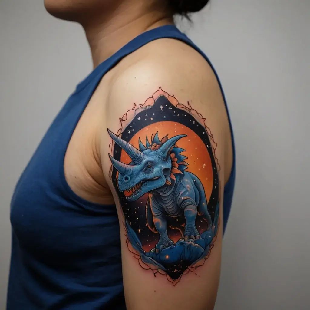 Tattoo of a blue dinosaur on arm, surrounded by an orange and starry galaxy theme, with a bold, black, ornamental frame.