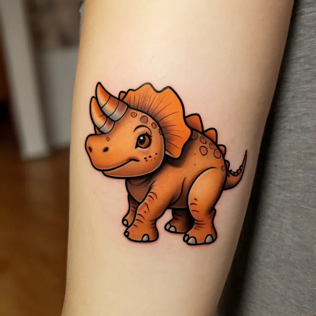 Cute cartoon triceratops tattoo in vibrant orange with detailed shading, highlighting its playful expression and horns.