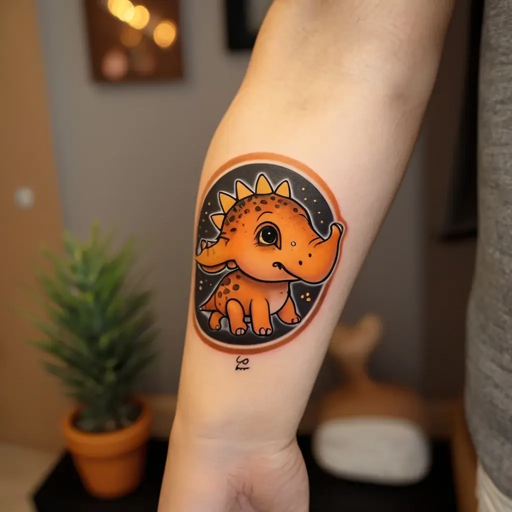 Cute cartoon triceratops tattoo in orange hues with spiked back, set against a dark circular background.