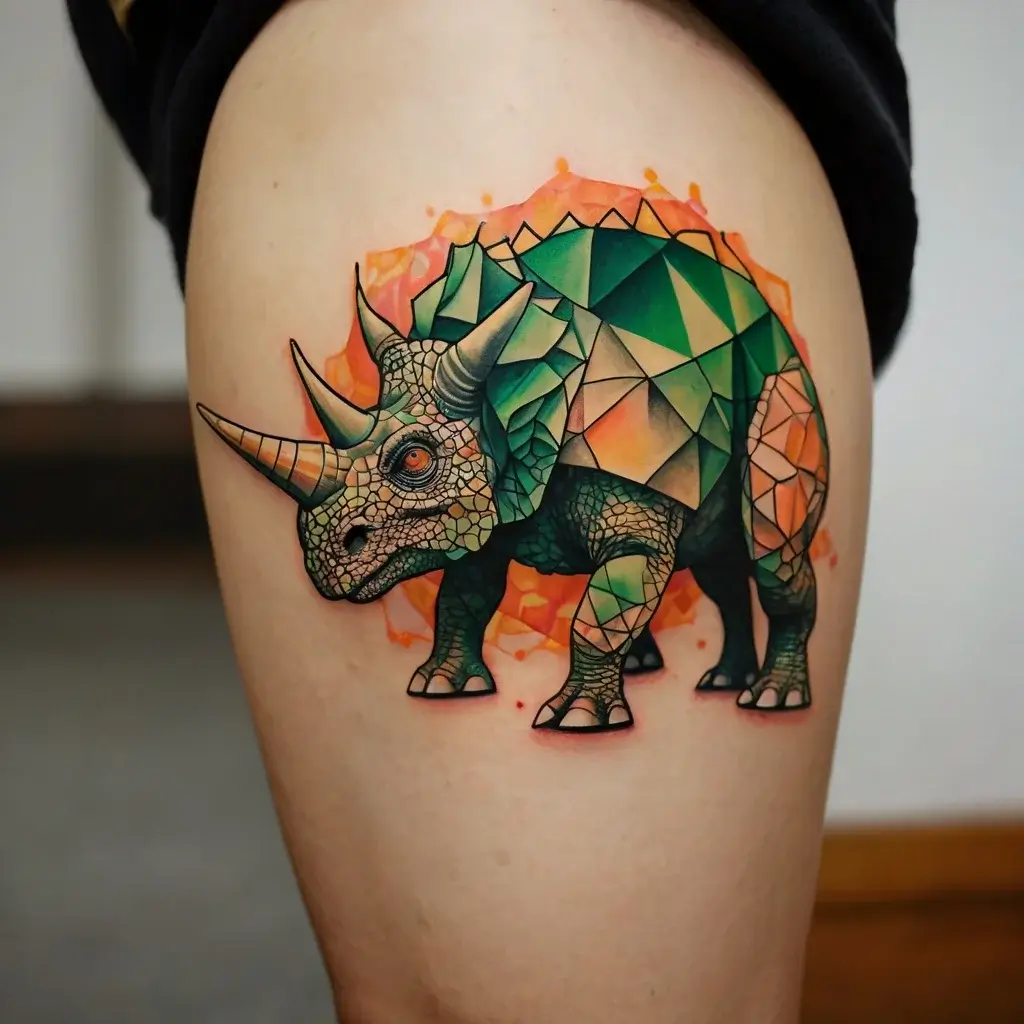 Geometric triceratops tattoo with green and orange hues, combining realistic texture with polygonal shapes.