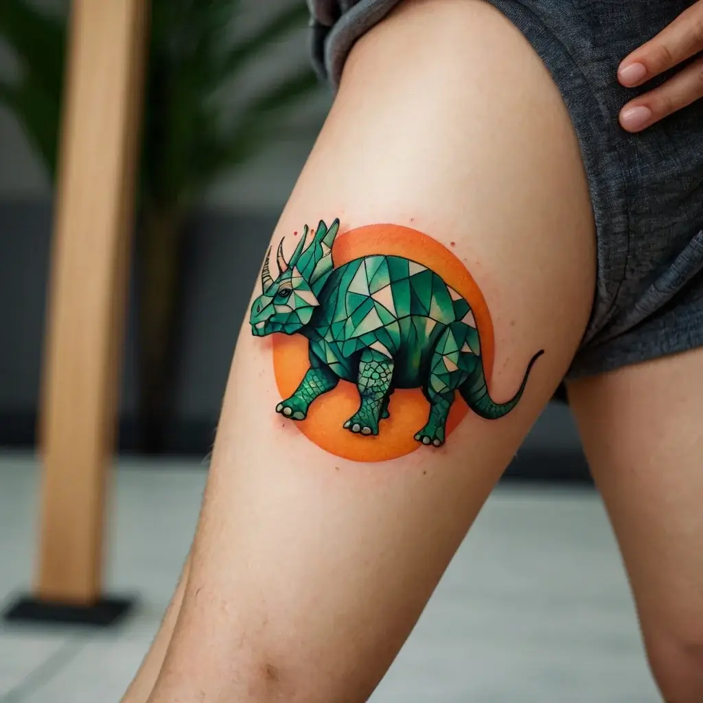 Geometric triceratops tattoo with green polygons, set against an orange circle background on the upper thigh.