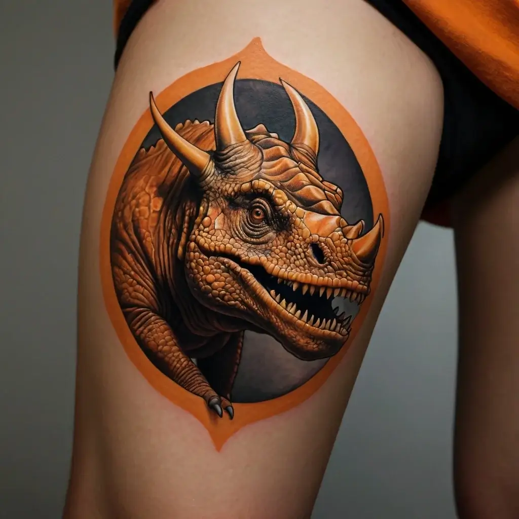 Realistic triceratops head tattoo with orange and black hues on the thigh, set within an ornamental frame.