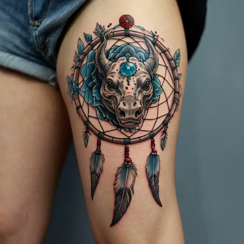 Tattoo of a bull's head framed by a dreamcatcher, adorned with blue feathers and beads on a floral background.