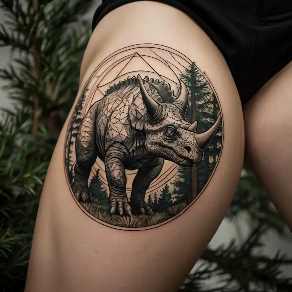 Tattoo of a geometric triceratops in a forest, surrounded by triangles, combining realism and abstract elements.