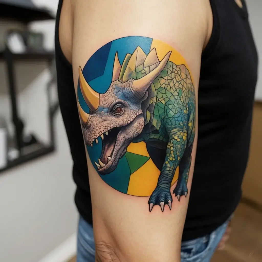 A colorful geometric triceratops tattoo with intricate scales and a vibrant blue and yellow background circle.