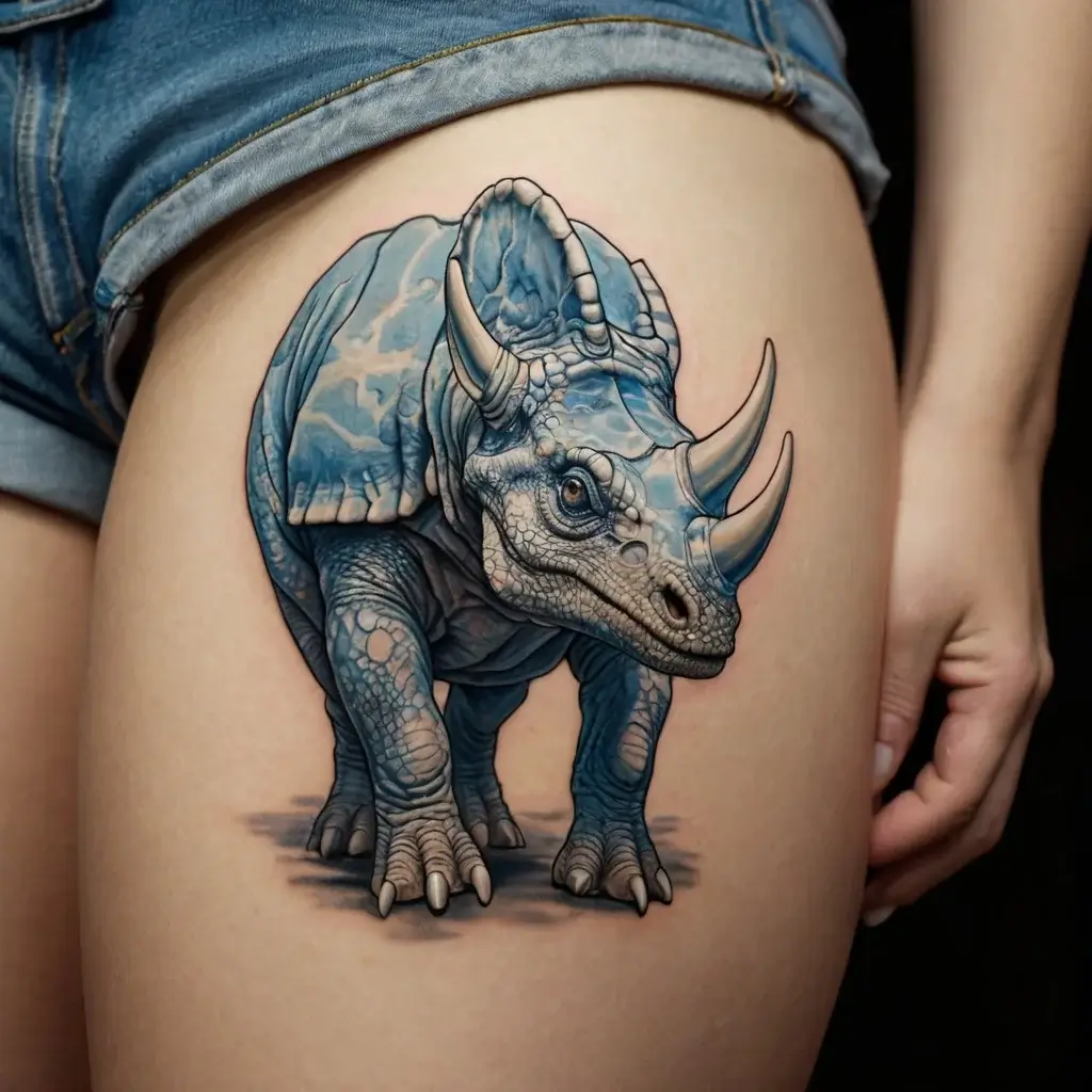 A detailed blue triceratops tattoo with realistic shading, showcasing intricate textures on the thigh.