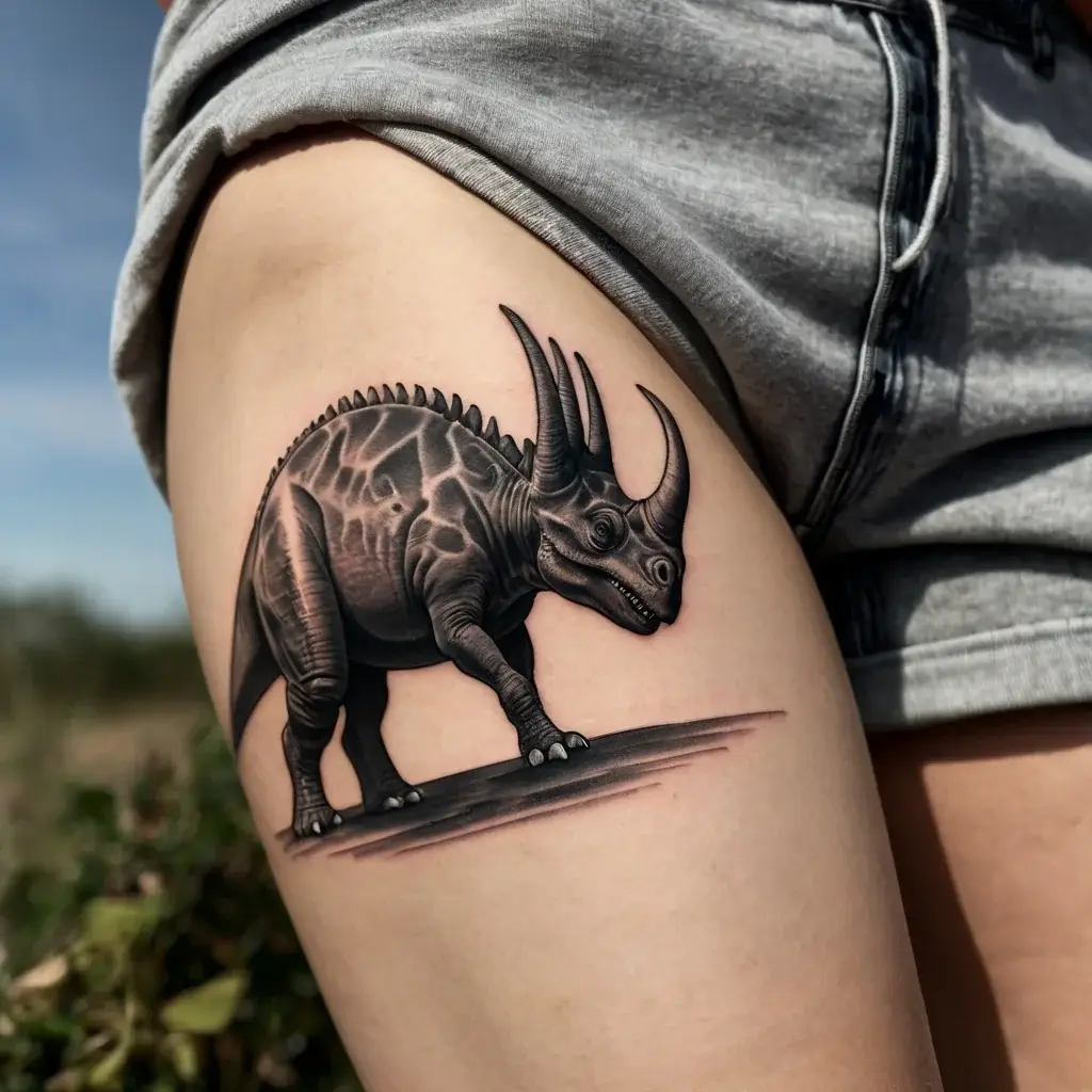 Realistic triceratops tattoo on thigh, featuring detailed shading and a grounded stance, highlighting the dinosaur's texture.