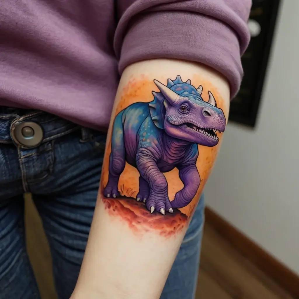 Colorful dinosaur tattoo with blue and purple hues, detailed horns, and textured scales, on a vibrant orange background.