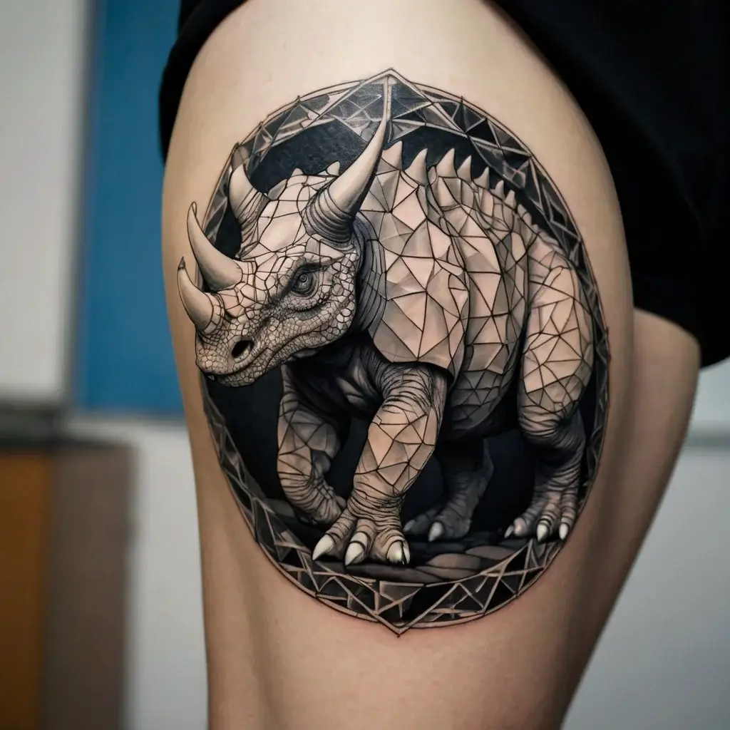 Geometric rhinoceros tattoo with intricate details, set in a circular frame, showcasing a blend of realism and abstract art.