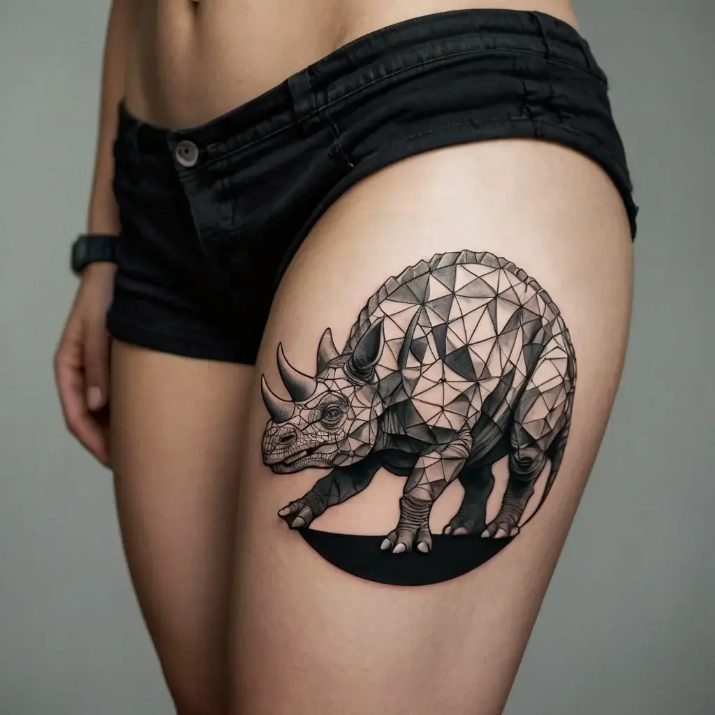 Geometric triceratops tattoo on thigh, featuring intricate shading and triangular patterns for a dynamic 3D effect.