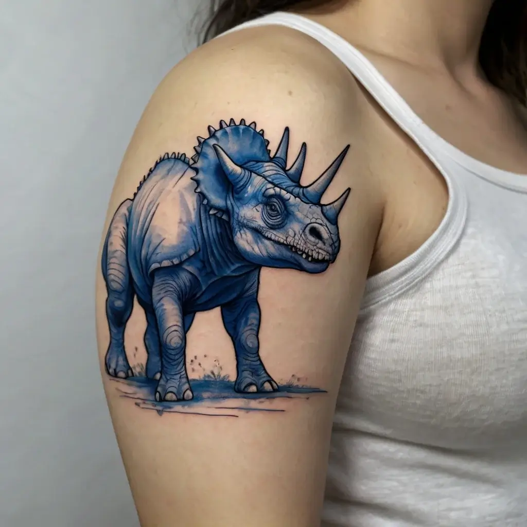 A detailed blue triceratops tattoo on the upper arm, showcasing fine linework and shading, emphasizing texture and depth.