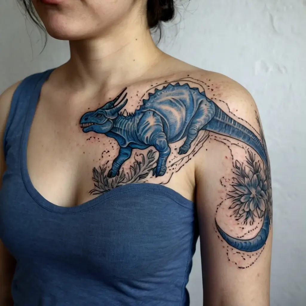 Blue dinosaur tattoo with floral accents on shoulder and arm, featuring dynamic lines and fine dot detailing.