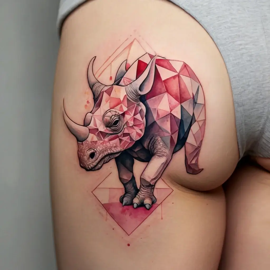 Geometric rhino tattoo with intricate polygonal patterns in red hues, creating a 3D effect on the upper thigh.