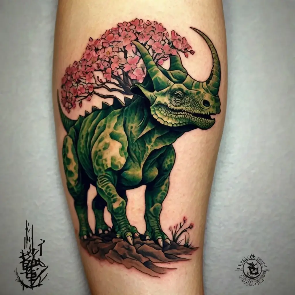 A vibrant green triceratops tattoo with a cherry blossom tree growing on its back, blending nature and prehistoric themes.