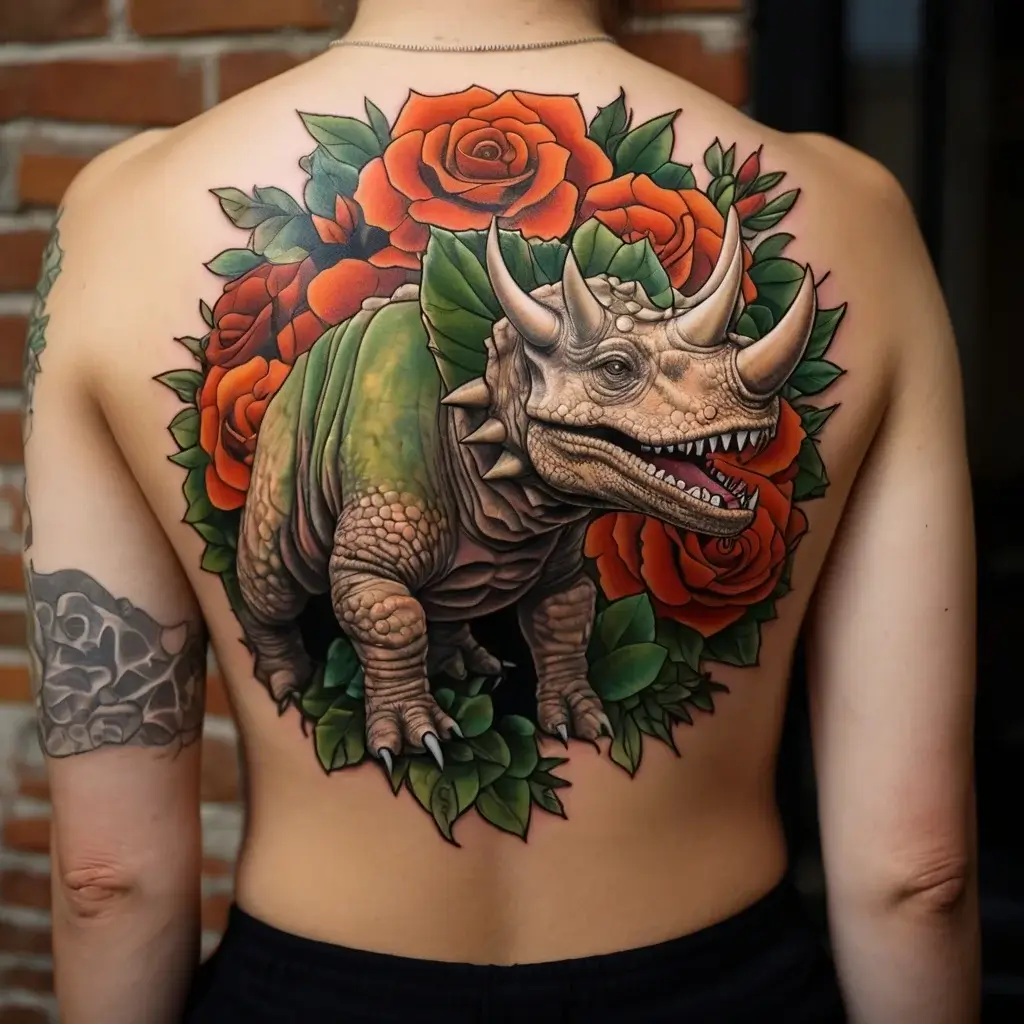 A vibrant triceratops tattoo surrounded by vivid red roses and green leaves, covering the back.