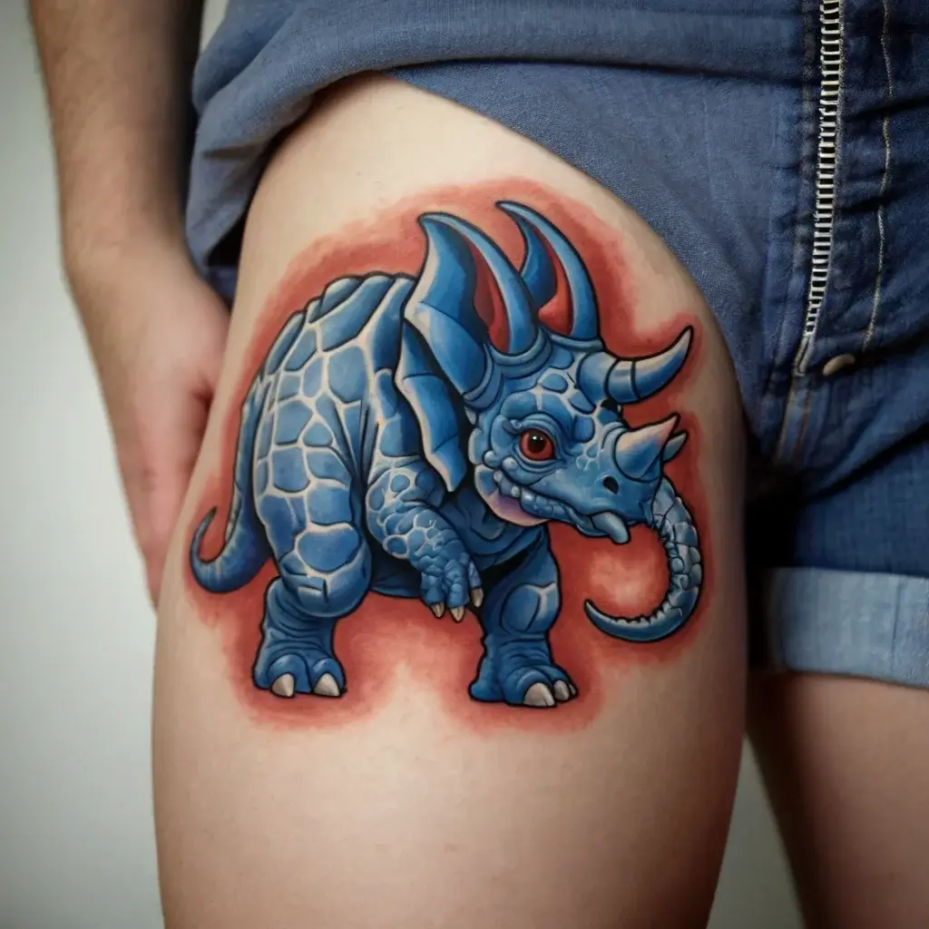 A vibrant tattoo of a blue, armored dinosaur-like creature with red-tinted background, detailed in a cartoon style on thigh.