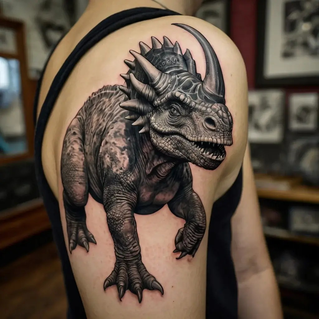 A detailed black and gray tattoo of a horned dinosaur, possibly a Styracosaurus, on the shoulder, showcasing intricate textures.