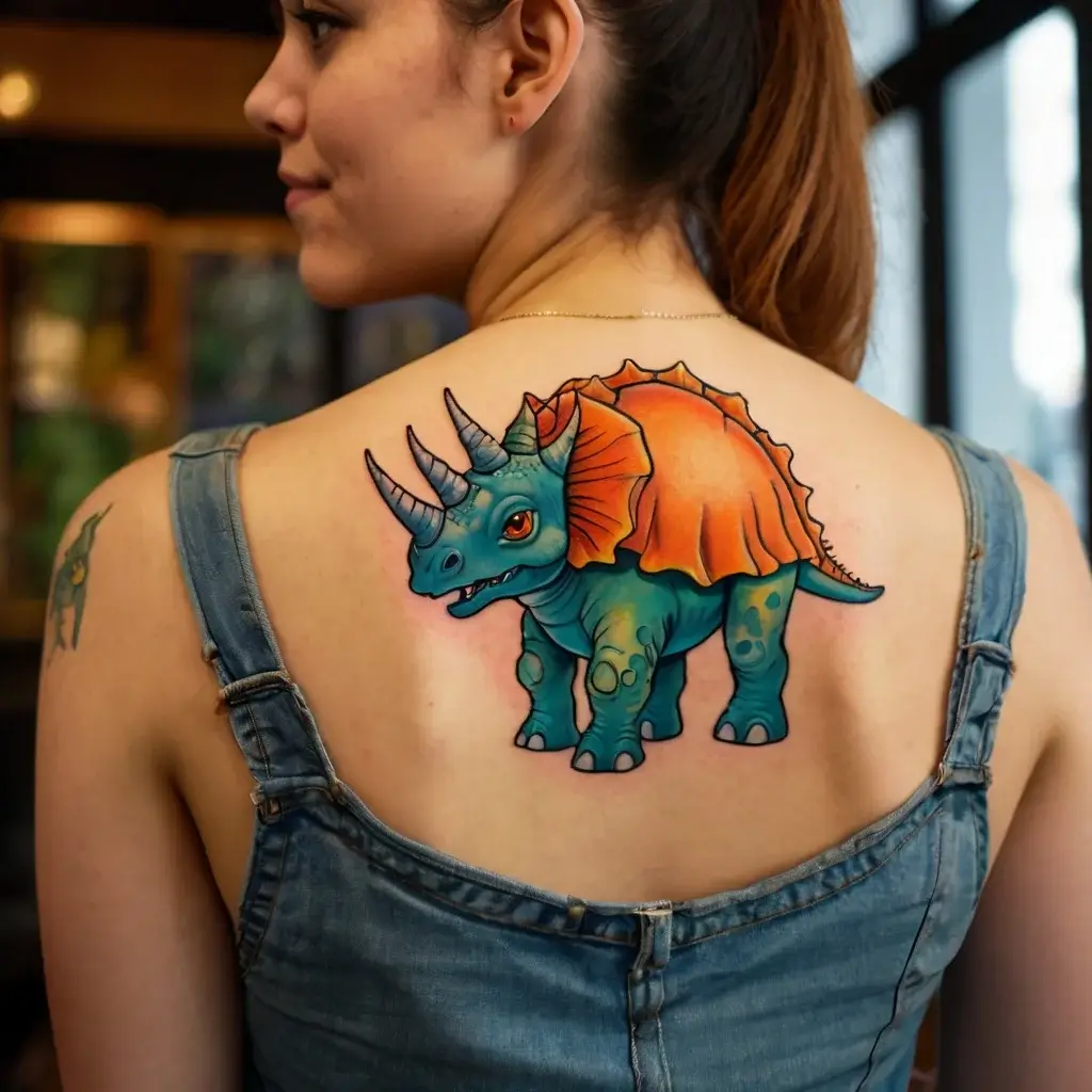 Colorful cartoon triceratops tattoo on upper back, blending vibrant green and orange hues with intricate detailing.