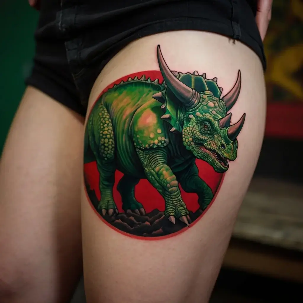 Bright green triceratops tattoo with detailed texture, set against a red circular background on the upper thigh.