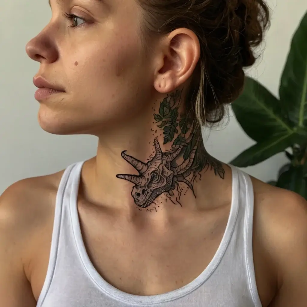 Neck tattoo of a triceratops skull with leafy details, blending realism and nature elements in intricate black ink.