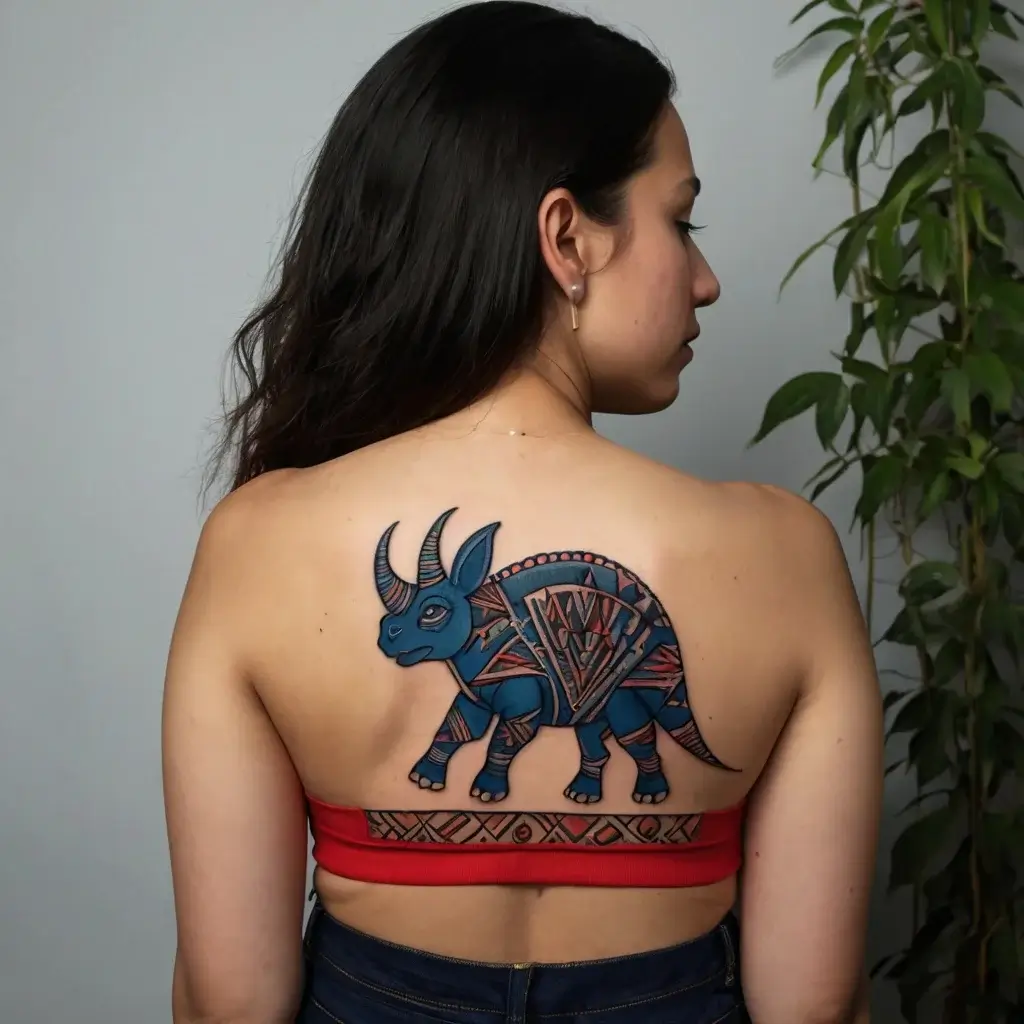 Tattoo of a stylized blue triceratops with tribal patterns on its body, covering the upper back.