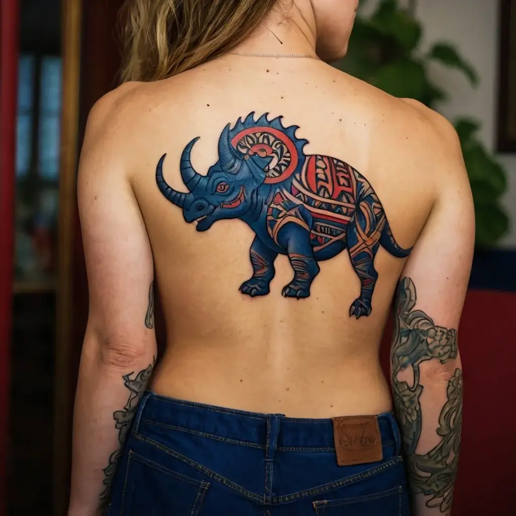 Tattoo of a blue triceratops with tribal patterns, in red and black accents, on back. Bold and detailed design.