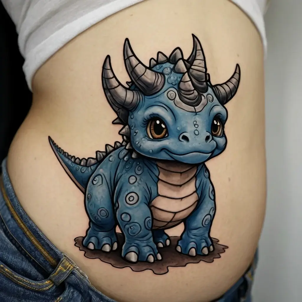 A cute, vibrant tattoo of a small blue dragon with large eyes, detailed horns, and a playful expression on the skin.