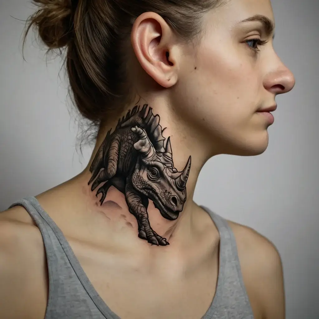 Realistic triceratops tattoo on neck, showcasing detailed shading and texture, with a 3D effect emerging from the skin.