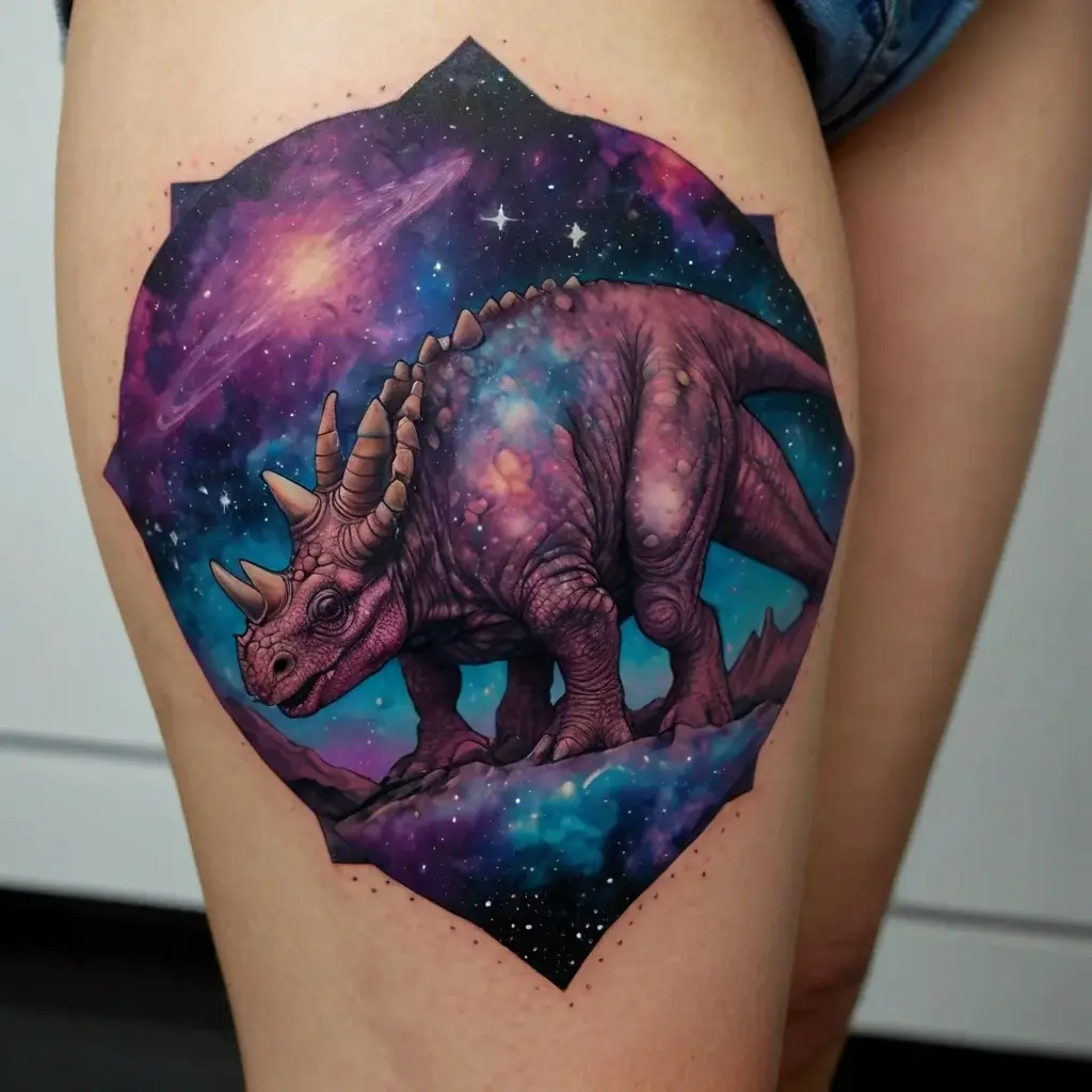 Tattoo of a pink dinosaur amidst a cosmic galaxy scene, featuring vibrant stars and swirling nebulae.