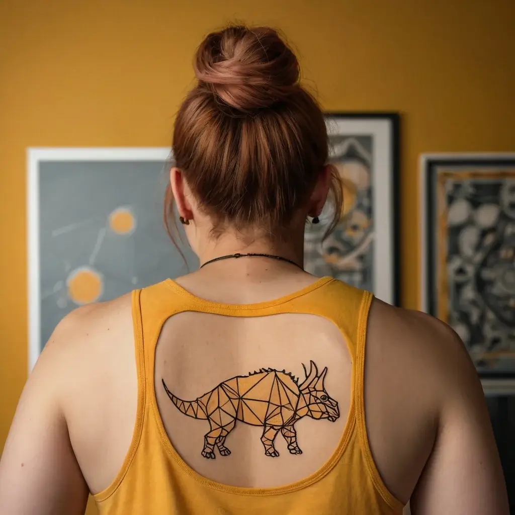 Geometric Triceratops tattoo in black ink on upper back, with angular shapes forming the dinosaur silhouette.