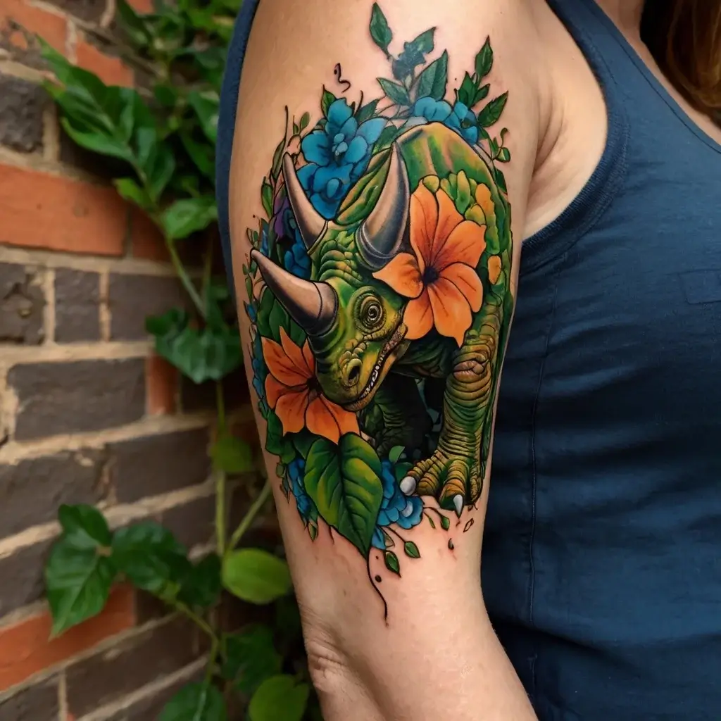 Vibrant triceratops surrounded by orange lilies and blue flowers, blending nature and prehistoric elements on the upper arm.